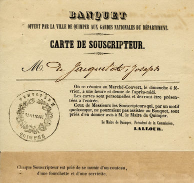 Carte de souscripteur pour le banquet donné 