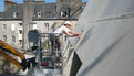 Chantier du pôle Max Jacob : Finitions des habillages béton de la charpente façade Nord du Novomax. Le 17 avril 2014