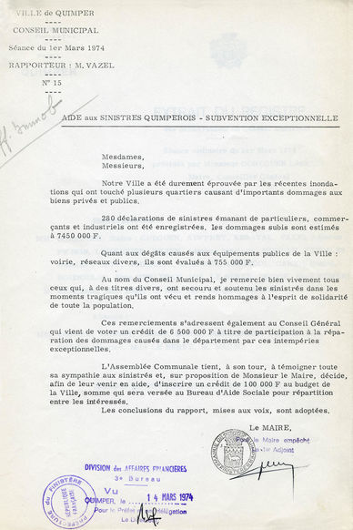 Aide aux sinistrés quimpérois suite aux inondations de 1974 