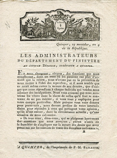 Lettre imprimée par Pierre Marie Barazer en 1796