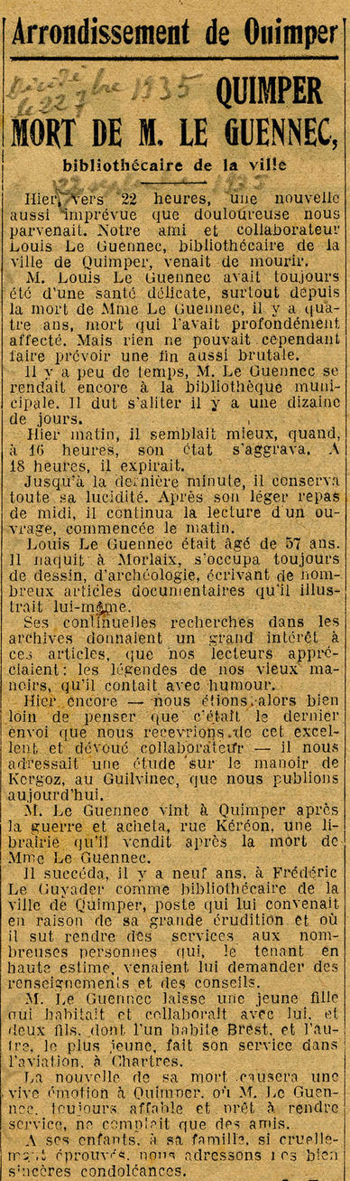 Article nécrologique intitulé mort de M. Le Guennec