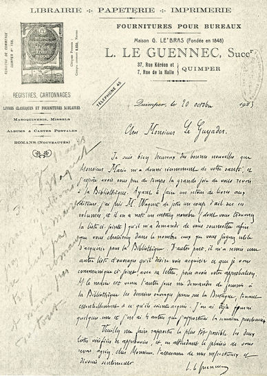 Lettre de Louis Le Guennec à Frédéric Le Guyader