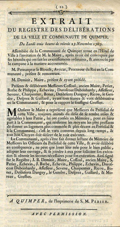 Extrait registre délibérations, imprimé par S. Perier, 1767