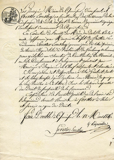 Lettre de Forster Emsley au maire de Quimper en 1816