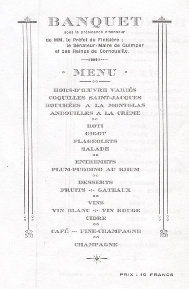 Menu du banquet, fête des reines en 1923 